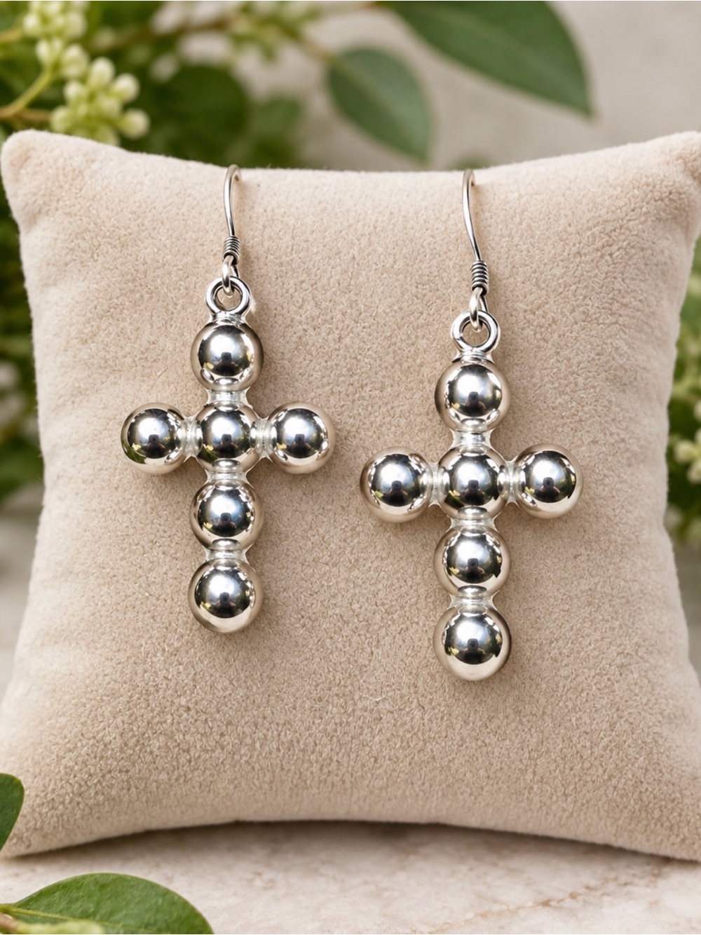 Earrings Solid Sterling Silver Cross Drop Hanging Ball Design Stamped & Signed